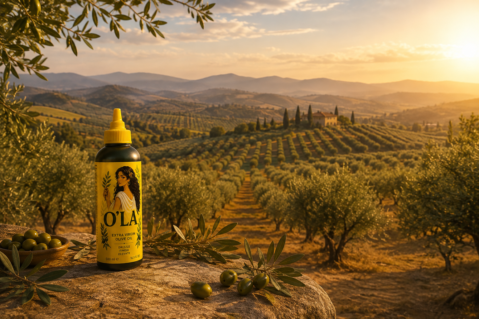 Wide Mediterranean olive grove at sunset